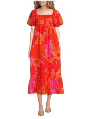 NWT J Marie Lizzie Babydoll Midi Dress Womens Large Orange Pink Floral Cotton